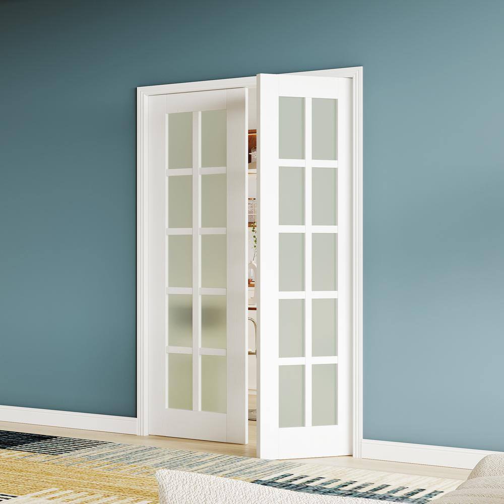 Primed White 48" x 80" MDF 10 Lite Clear Glass Prehung Double Door
