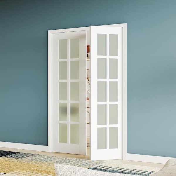 48 in. x 80 in. (Double 24 in. W Doors) 10-Lite, White Primed No Bore Frosted Glass Finished MDF Wood Interior Door Slab