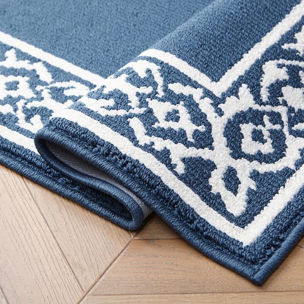 Lorreta 2-Tone Dusty Navy/Ivory 2 ft. x 8 ft. Tufted Border Polypropylene Area Rug