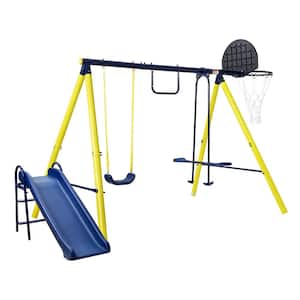 Outdoor Tolddler Swing Set for Backyard with Steel Frame and Seesaw Swing, Basketball Hoop