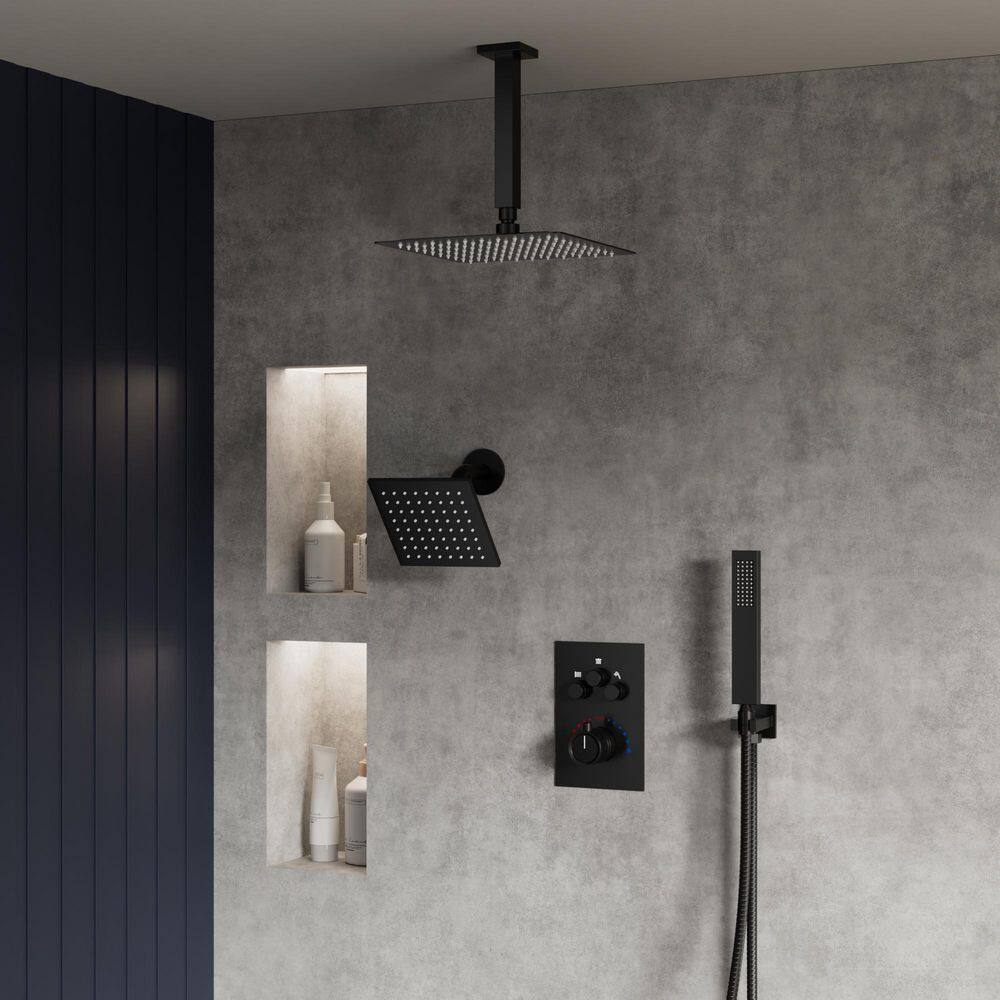 Thermostatic 7-Spray 12 in. Ceiling Mount Dual Shower Head and Handheld Shower in Matte Black (Valve Included) price history on PriceWatchPro