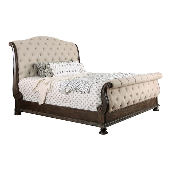 Furniture of America Codere Brown Queen Wood Frame Sleigh Bed with Tufted Headboard and Footboard
