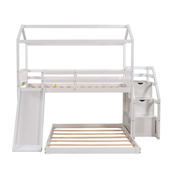 Utopia 4niture Amiara White Twin over Full Bunk Bed with Slide and Storage Staircase, House-Shaped