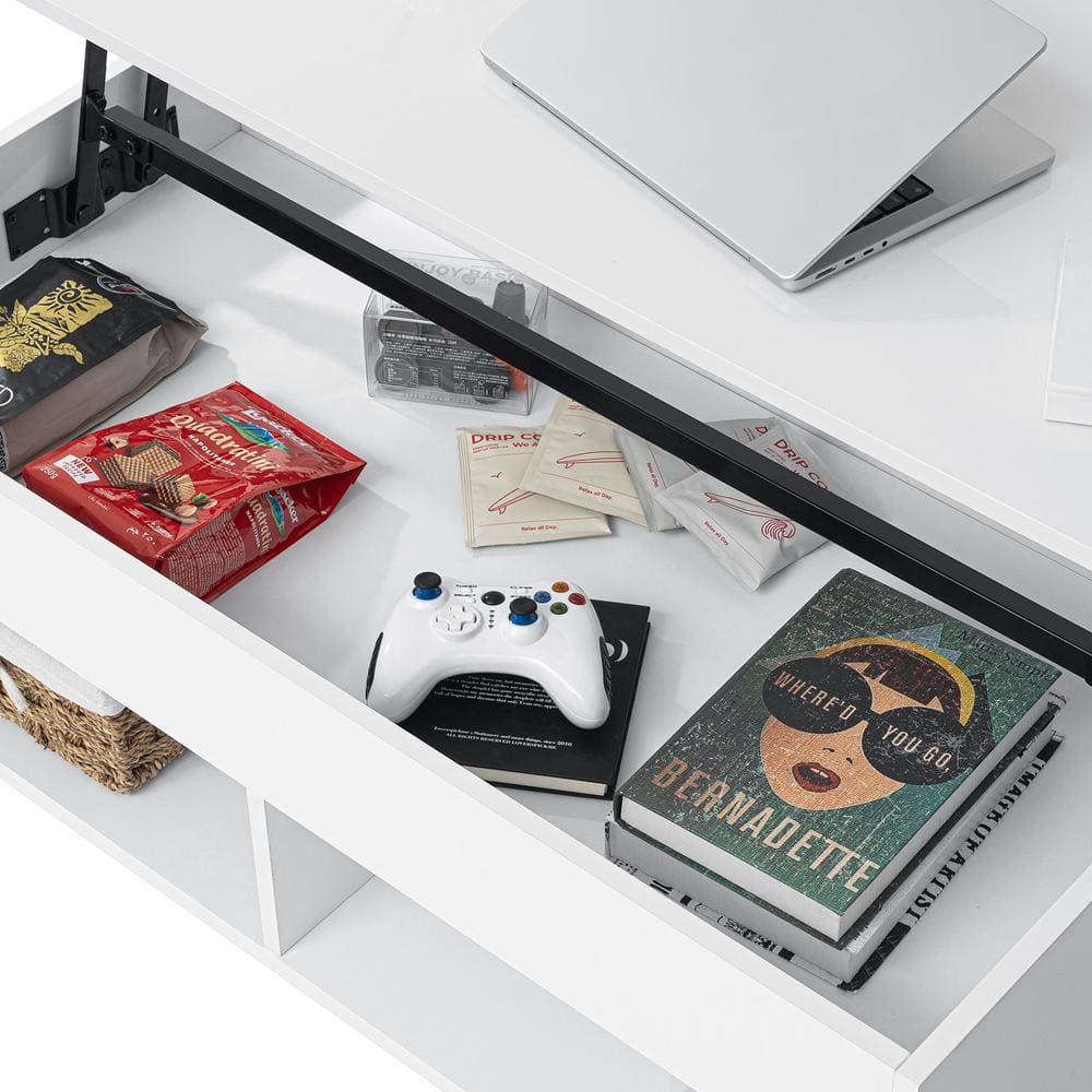 40" White Particle Board Lift-Top Coffee Table with LED Lights