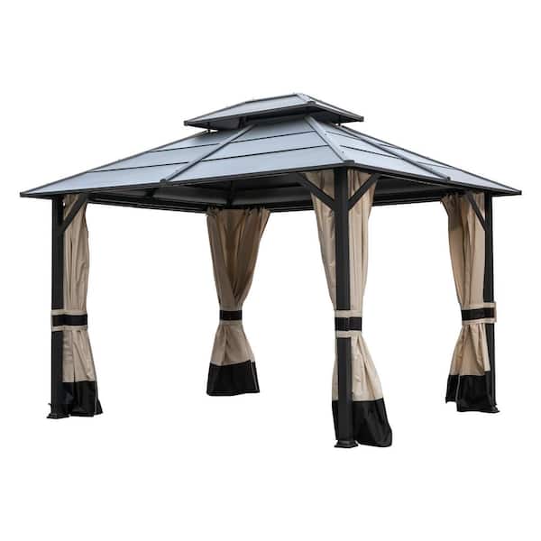Mondawe 10 ft. x 12 ft. Outdoor Aluminum Frame Patio Gazebo Canopy Tent Shelter with Hardtop Roof, Curtains Netiing Pavilion