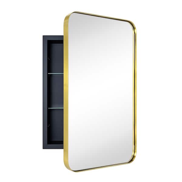 TEHOME 16 in. W x 24 in. H Rounded Rectangular Stainless Steel Recessed Framed Medicine Cabinet with Mirror in Brushed Gold