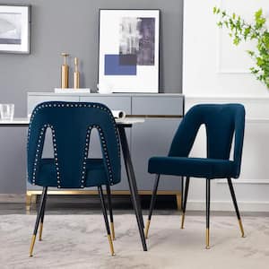 Blue Modern Velvet Upholstered Dining Chair with Nailheads and Gold Tipped Black Metal Legs (Set of 2)