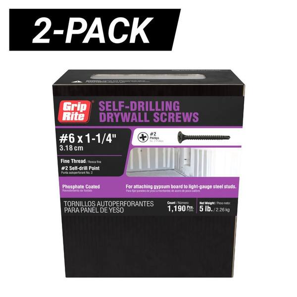 2-Pack #6 x 1-1/4 in. #2 Phillips Bugle Head Fine Thread Self-Drilling Drywall Screws 5 lb. Box / 2380-Piece)