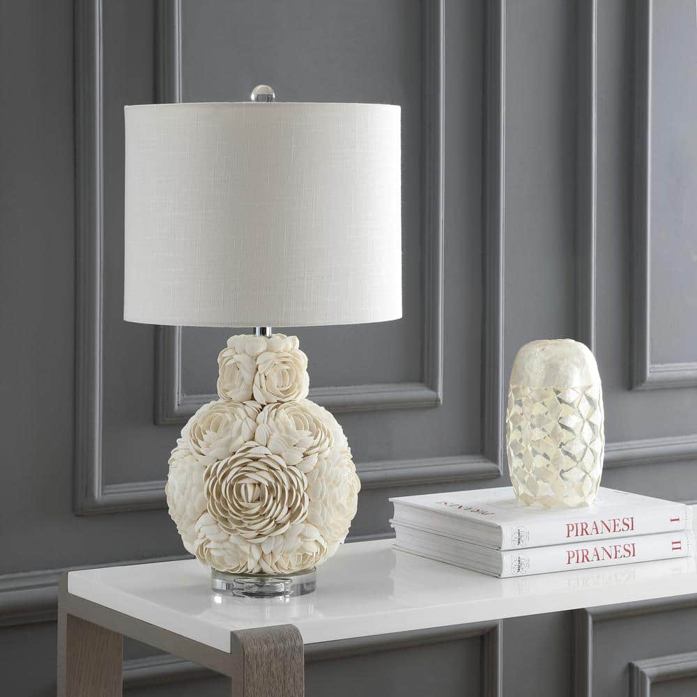 White Seashell Rosette Table Lamp with Cotton Shade