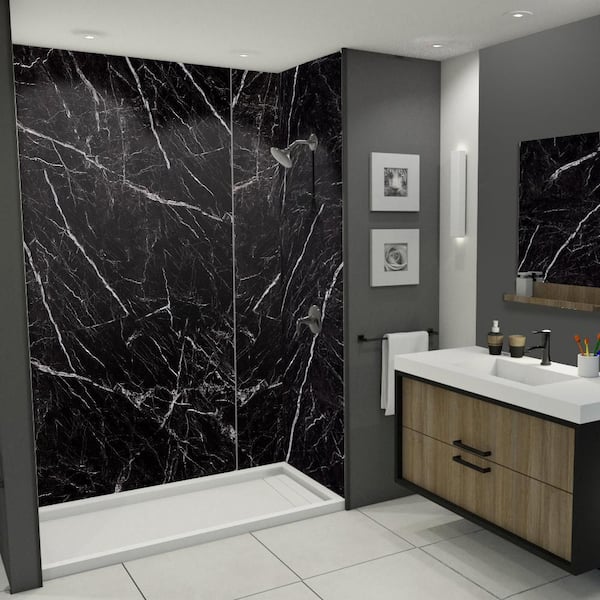 Transolid Titan 60 in. W x 96 in. H x 48 in. D 4-Piece Glue-Up Alcove Shower Wall Surround in Black Caruso (Glossy)