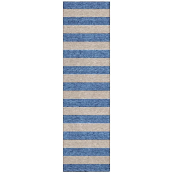Blue and Tan 2 ft. x 8 ft. Woven Striped Polyester Runner Indoor/Outdoor Area Rug