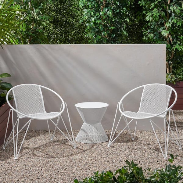 Noble House Erikson Matte White 3-Piece Metal Outdoor Patio Conversation Set