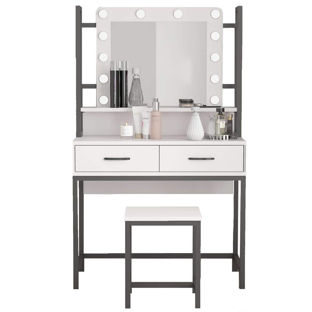 White 35.4 in. Wood Makeup Vanity with Lights and Drawer Vanity Table