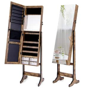 Rustic Brown MDF Jewelry Cabinet Armoire Full Length Frameless Mirror Lockable with Lights