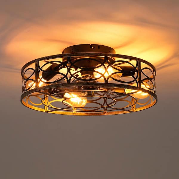 20 in. Low Profile Caged Bronze Matte Black Solid Wood Blade Semi-Flush LED Mount Ceiling Fan with Remote Control