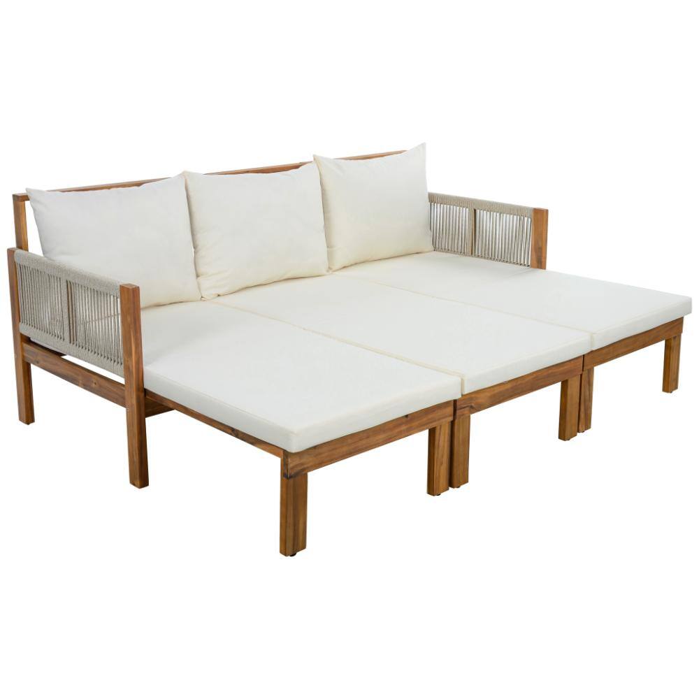 Natural Wood Acacia Outdoor Patio Sofa Bed with Beige Cushions, 3-Seat Convertible Daybed for Poolside or Garden price history on PriceWatchPro