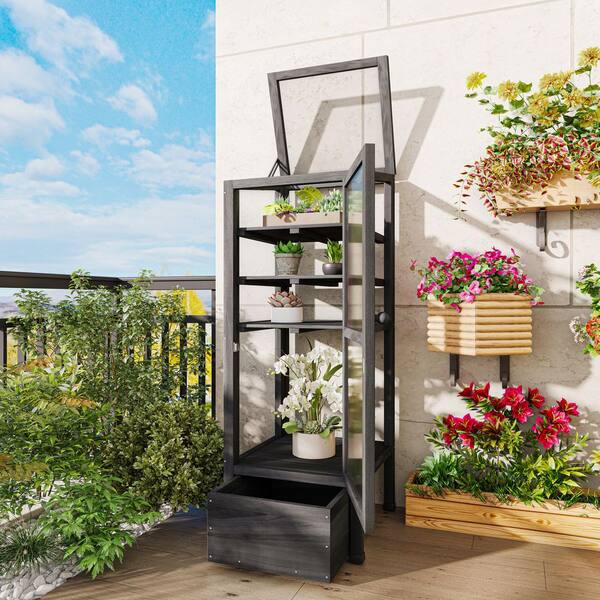 18.1 in. W x 19.7 in. D x 62.4 in. H Wood Black Portable Greenhouse with Storage Box