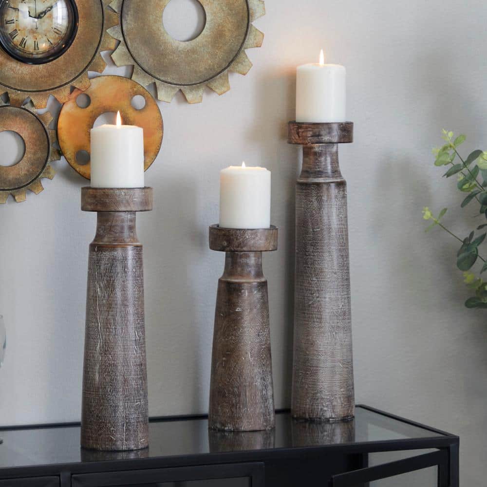 Dark Brown Mango Wood Coastal Candle Holder Set