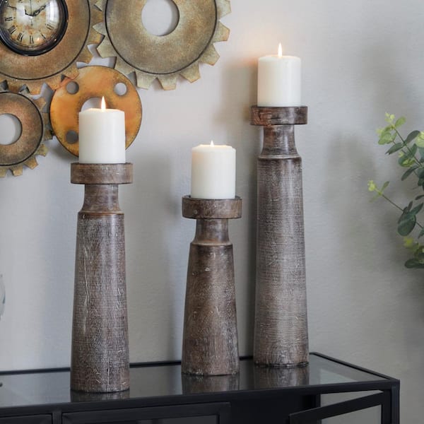 Litton Lane Dark Brown Mango Wood Candle Holder (Set of 3)