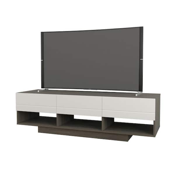 Nexera Rustik 60 in. Bark Grey and White TV Stand with 3 Drawers Fits TV's up to 66 in. with Open Storage