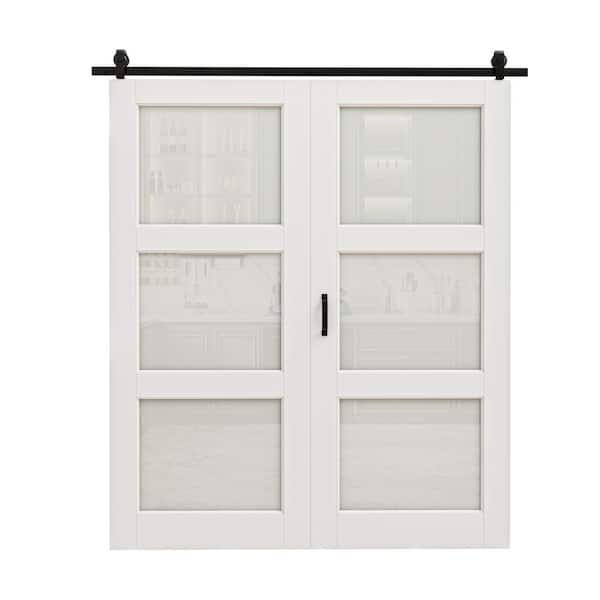 ARK DESIGN 60 in. x 80 in. 3-Lite Tempered Frosted Glass White Finished MDF Glass Bi-Fold Sliding Barn Door with Hardware Kit