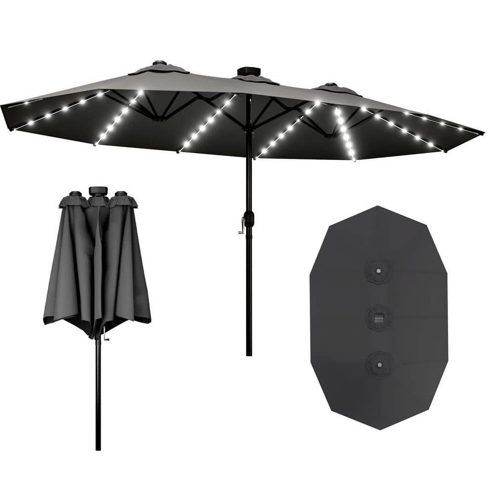 15 ft. Iron Hidden LED Lighted Outdoor Double Sided Umbrella Market Patio U