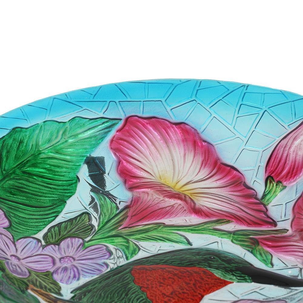 Hummingbird Floral Glass Birdbath with Metal Stand
