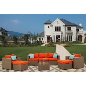 8-Piece Wicker Patio Conversation Set with Orange Cushions