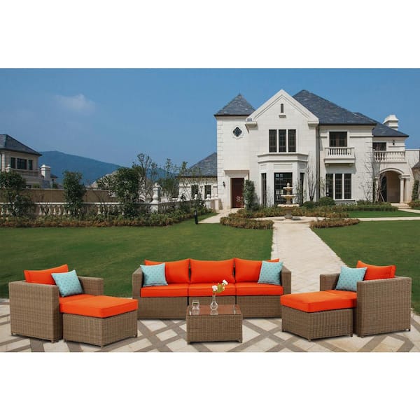 MIRAFIT 8-Piece Wicker Patio Conversation Set with Orange Cushions