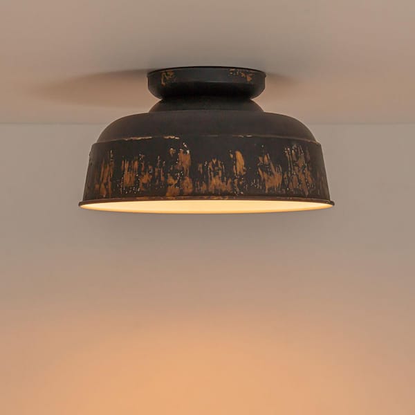 Brittany 14 in. 2-Light Rustic Black Semi-Flush Mount Light with Antique Metal Shade