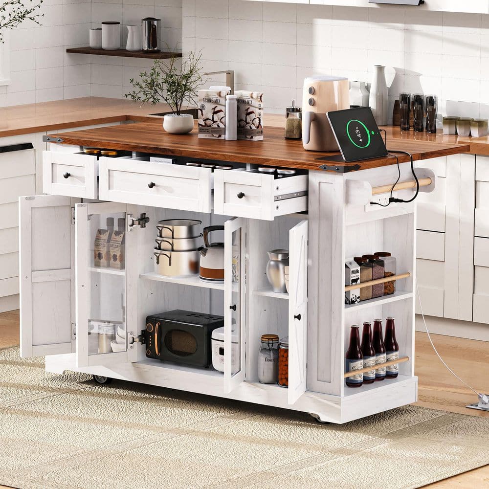White Wood 53 in. Kitchen Island with Tempered Glass Door Storage