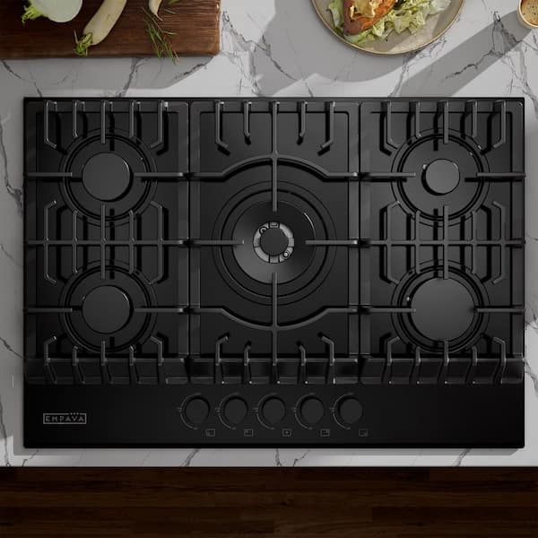 30 in. Gas Stove Cooktop with 5 Sealed Burners in Black Tempered Glass including Power Burner