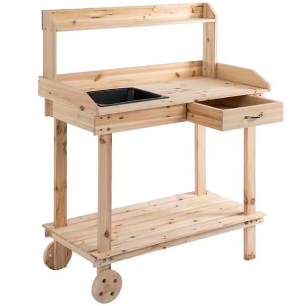 ATENGNES 18 in. W x 47 in. H Wood Potting Bench Work Station Table with Tabletop Removable Sink Drawer Shelves Hooks on Wheels