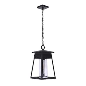 Becca 18.25 in. 1-Light Textured Black Finish Dimmable Outdoor Pendant Light with Seeded Glass, No Bulb Included
