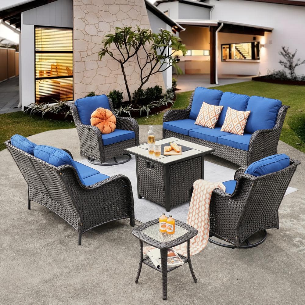 Daydreamer Brown 6-Pcs Wicker Patio Fire Pit Set with Navy Blue Cushions and Swivel Rocking Chairs price history on PriceWatchPro