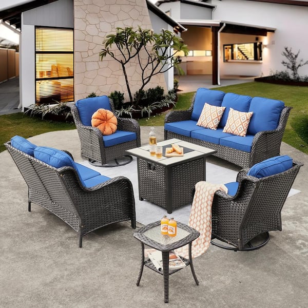 XIZZI Daydreamer Brown 6-Pcs Wicker Patio Fire Pit Set with Navy Blue Cushions and Swivel Rocking Chairs