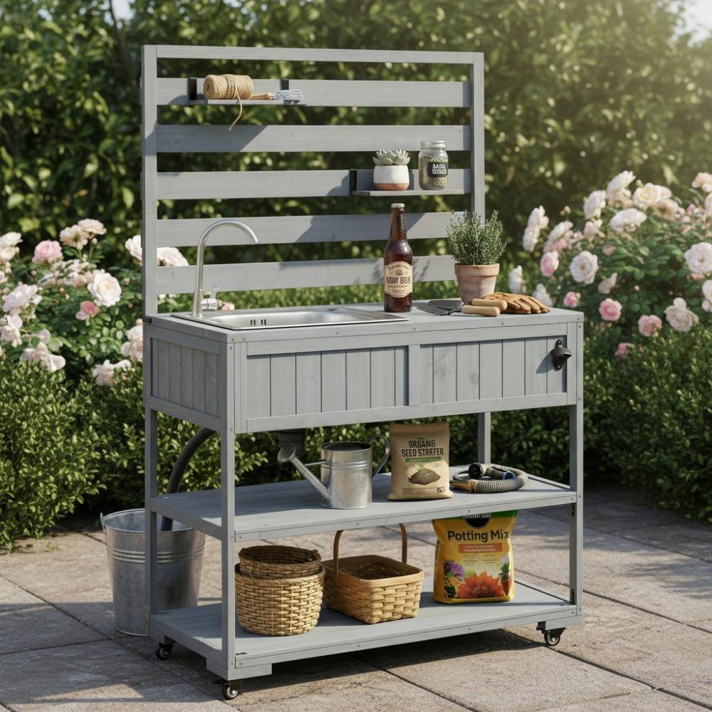 41.7 in. W x 16.6 in. D Gray Outdoor Wood Potting Bench with Sink and Stainless Table Top price history on PriceWatchPro