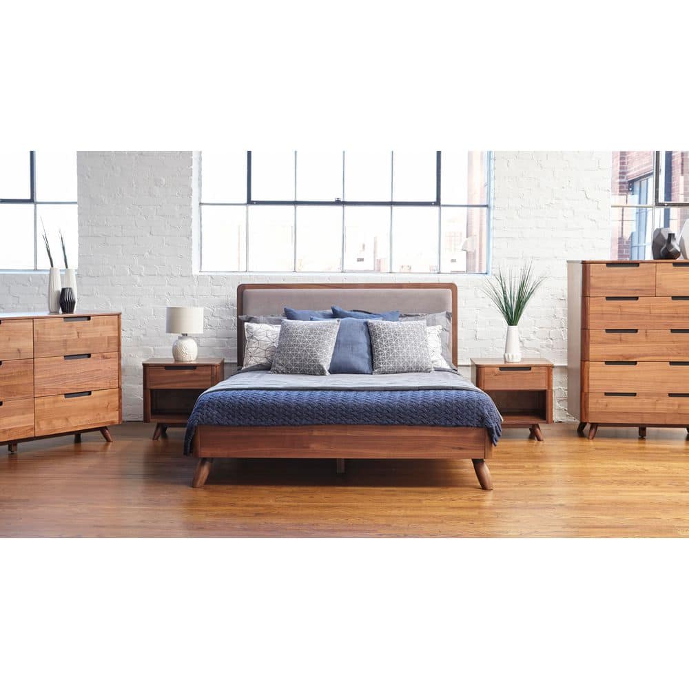 Hammond Brown Walnut Wood Frame King Size Platform Bed with Upholstered Headboard