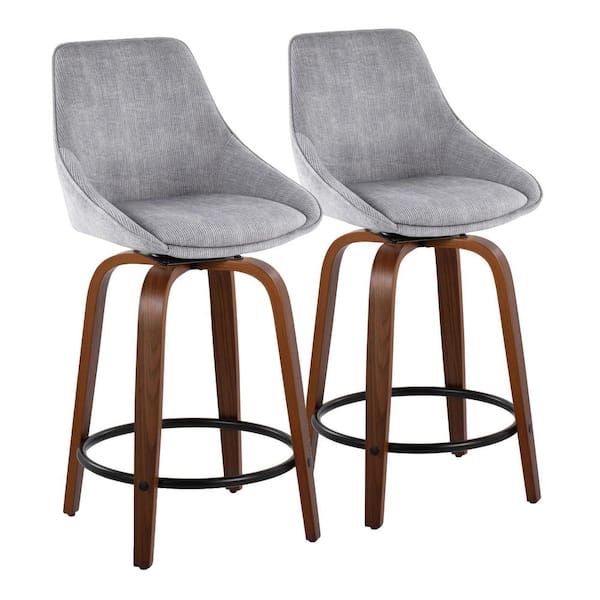 Lumisource Diana 24.75 in. Grey Corduroy, Walnut Wood, and Black Metal Fixed-Height Counter Stool (Set of 2)