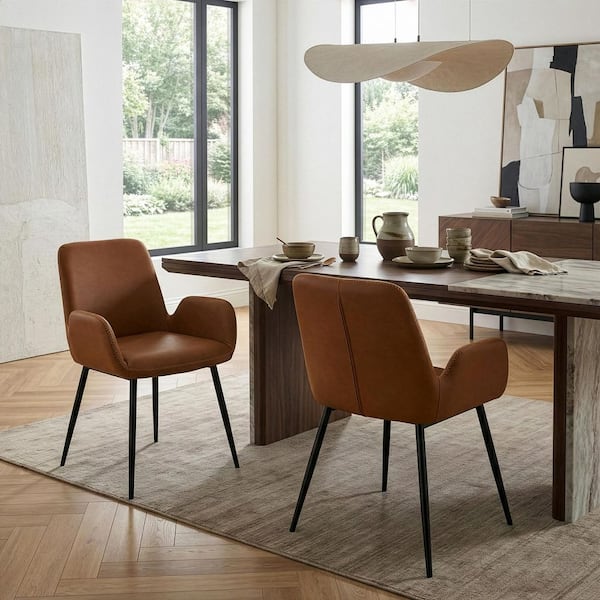 Alrik Caramel Brown Arm Chair with Zigzag Stitching and Black Steel Legs (Set of 2)