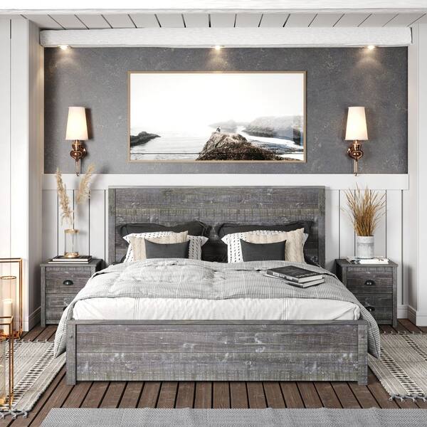 Classic Upholstered Bed with 2 Nightstands in Velvet House of Hampton Bed Size: Queen, Color: Light Gray