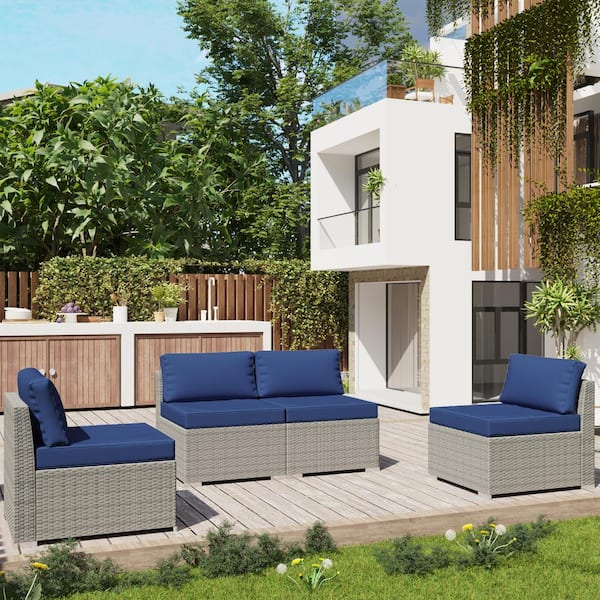 Gardenbee 4-Piece Wicker Outdoor Patio Sectional Sofa Conversation Set with Blue Cushions