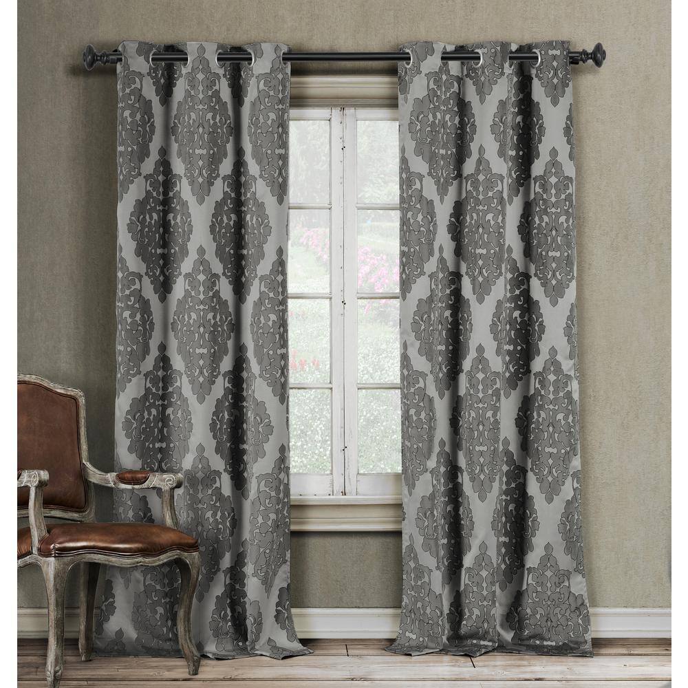 Duck River Grey Damask Grommet Room Darkening Curtain 38 In W X 84 In L Set Of 2 Catilie 4360d12 The Home Depot