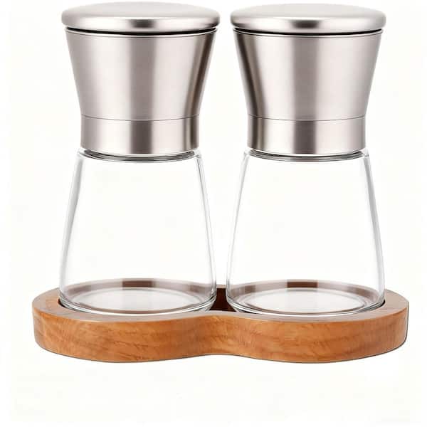 Stainless Steel Salt and Pepper Grinder Set with Wooden Standing Tray, Short Glass Shakers with Adjustable Coarseness
