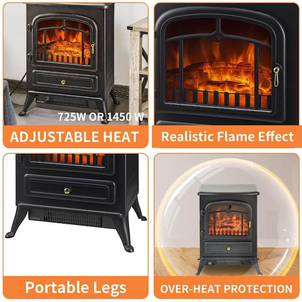 16 in. Freestanding Fireplace Heater 216 sq. ft. Electric Stove, Adjustable Heat 725/1450W, Safety Protection in Black