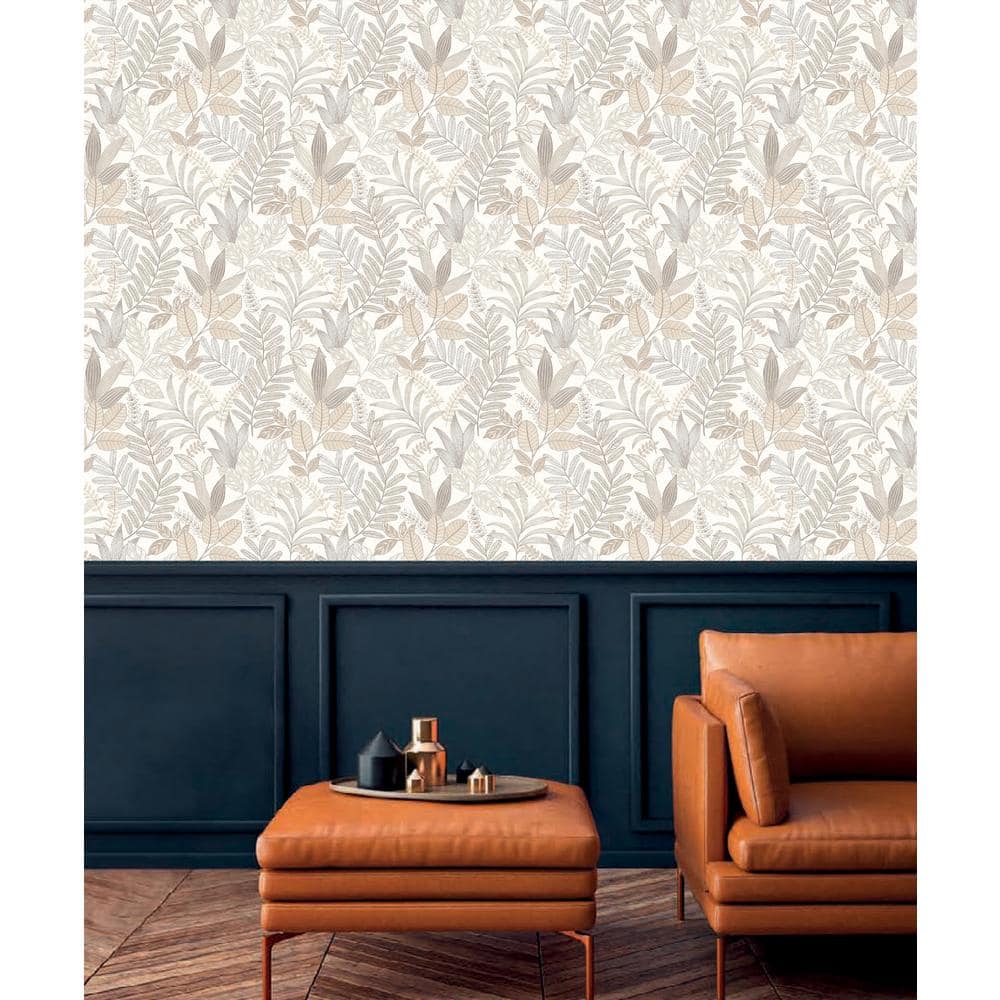White and Beige Minimalist Leaves Tropical Wallpaper, Double Roll