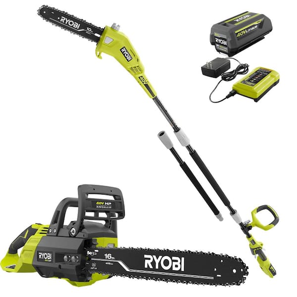 RYOBI 40V HP Brushless 16 in. Battery Chainsaw and 10 in. Battery Pole Saw with 4.0 Ah Battery and Charger