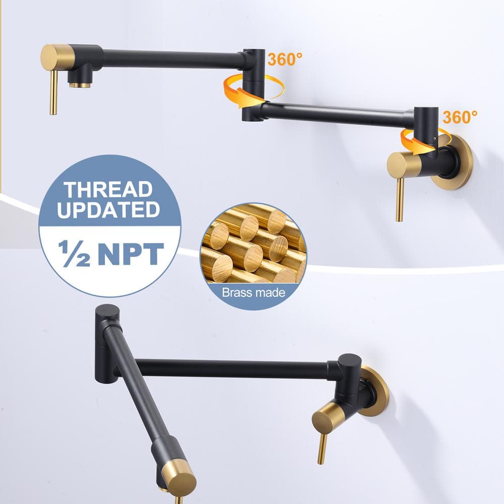 Black and Gold Wall Mounted Double Handle Pot Filler Faucet