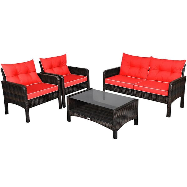 FORCLOVER 4-Piece Wicker Patio Conversation Set with 8 Red Seat and Back Cushions