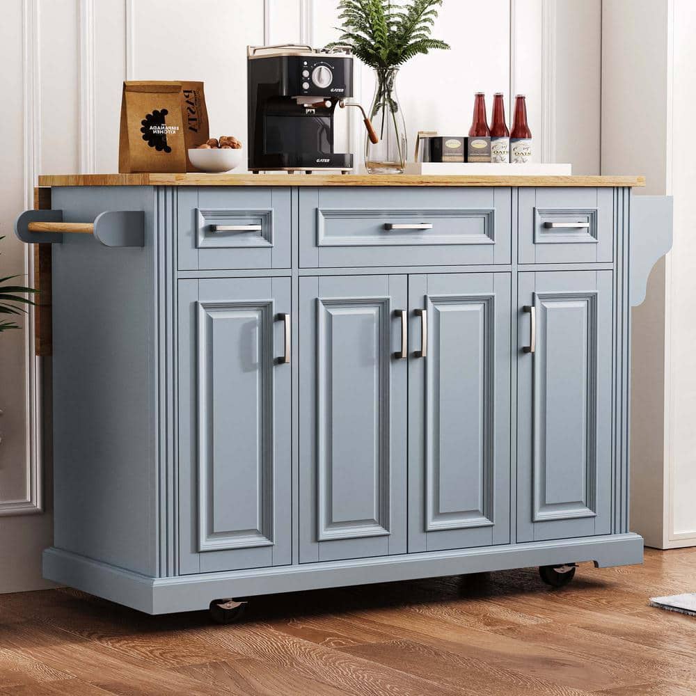 XUJMK Blue Wood 54 in. Kitchen Island with 4 Doors 3 Drawers